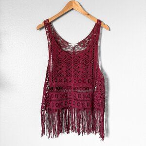 Active Crochet Fringe Burgundy Tank Top Womens Small Boho Festival Retro 70s